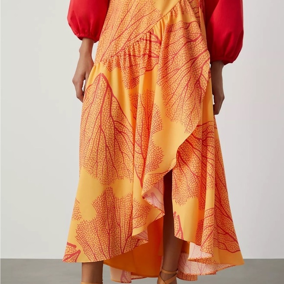 ANTHROPOLOGIE Hutch Leaf Printed Ruffle High Low Wrap Maxi Skirt Orange L NWT - Picture 4 of 9